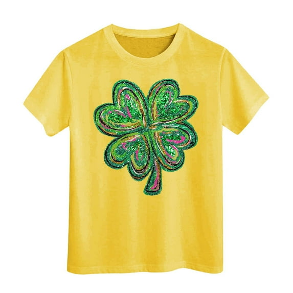 Shirts for Girls Round Neck Cartoon Print Short Sleeve T-Shirt Kid St. Patrick's Day Preppy Tops Fashion Toddler Baby Boy Clothes Yellow,10-11 Years
