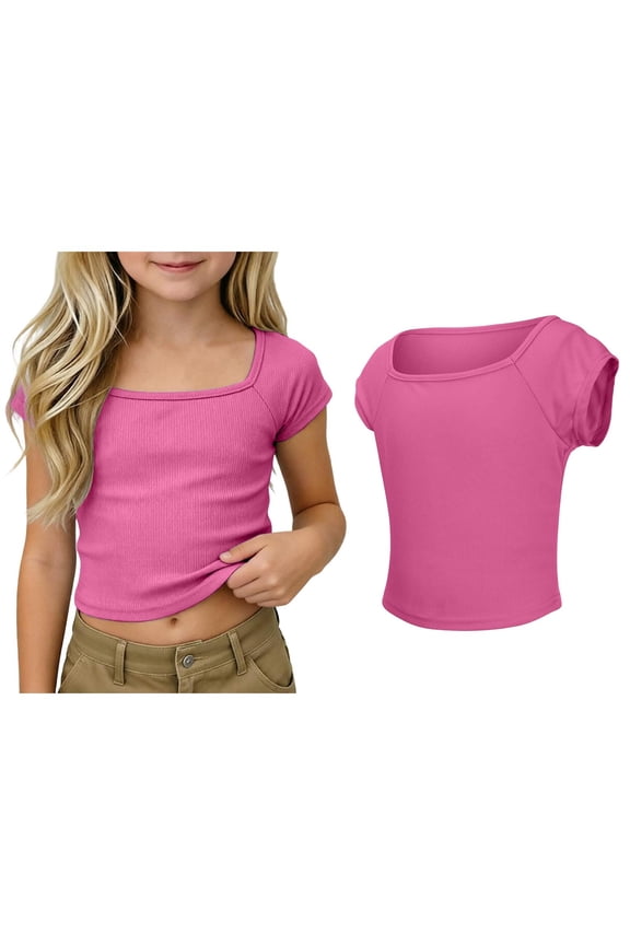 Shirts for Girls Short Sleeve Square Neck Ribbed Tees Tops Slim Fit Girl Tops 5-6 Years