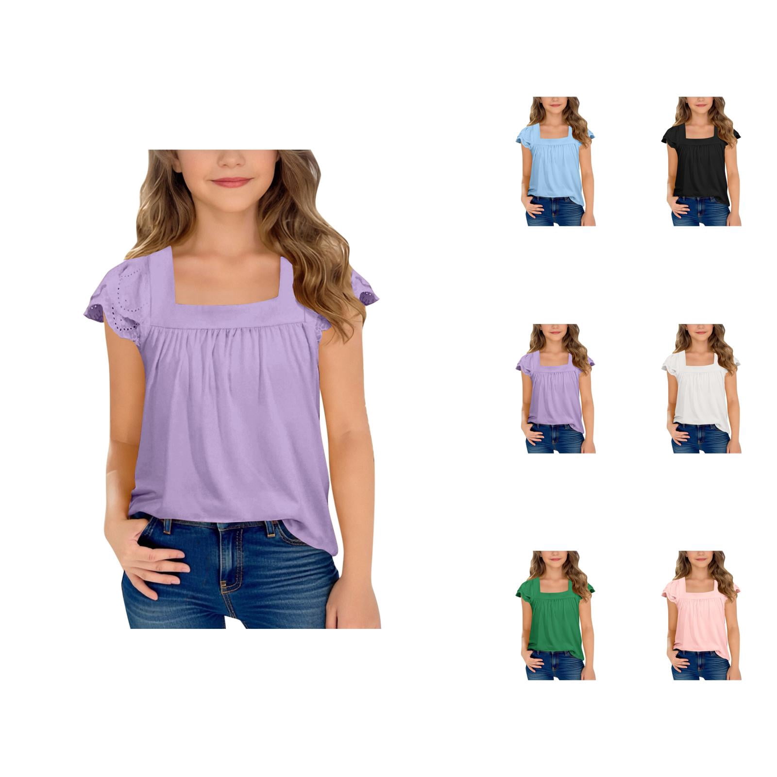 Shirts for Girls Square Neck Cap Sleeve Ruffle Eyelet Trim Smocked ...