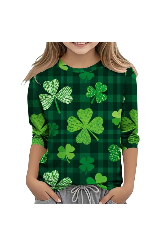 Shirts for Girls St. Patrick's Day Fashion Graphic 3/4 Sleeve T-Shirt Casual Crewneck Size 3-14