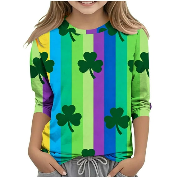Shirts for Girls St. Patrick's Day Fashion Graphic 3/4 Sleeve Tees 2026 Crewneck Causal T Shirt Size 3-14