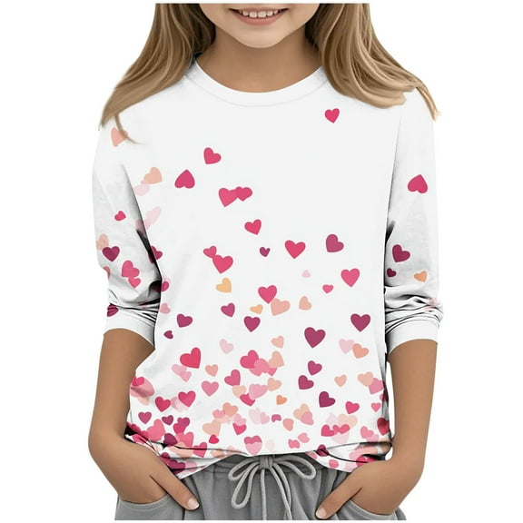Shirts for Girls Trendy Valentine's Day Heart Ptinted Crew Neck Casual Blouses 3/4 Sleeve Tops Size 3-12