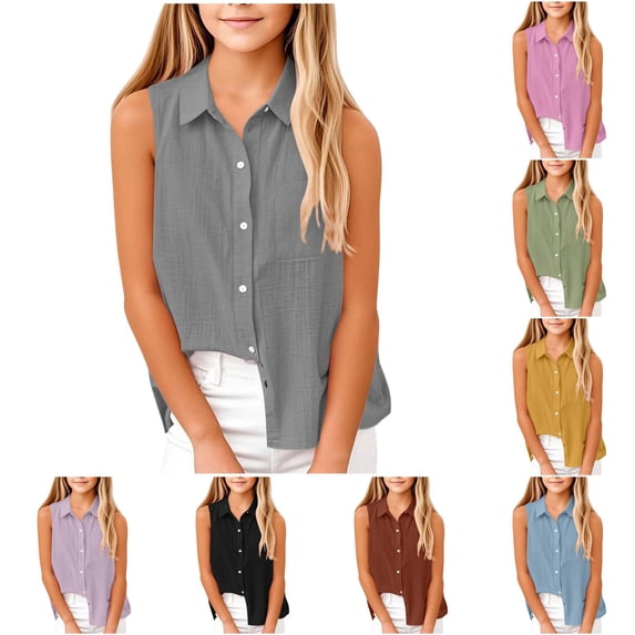 Shirts for Kids Girl Sleeveless Kids Button Down T Shirt Casual Base Girls Size 4-5 Years Clothes