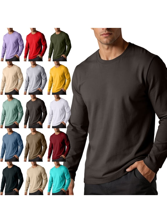 Shirts for Men 100% Cotton Round Neck Undershirt Long Sleeved T-shirt