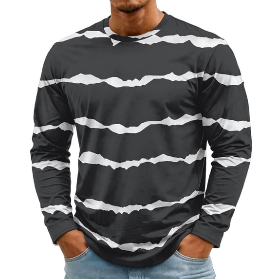 Shirts for Men Breathable Long Sleeve Stripes Printed Athletic Tees Dark Gray S