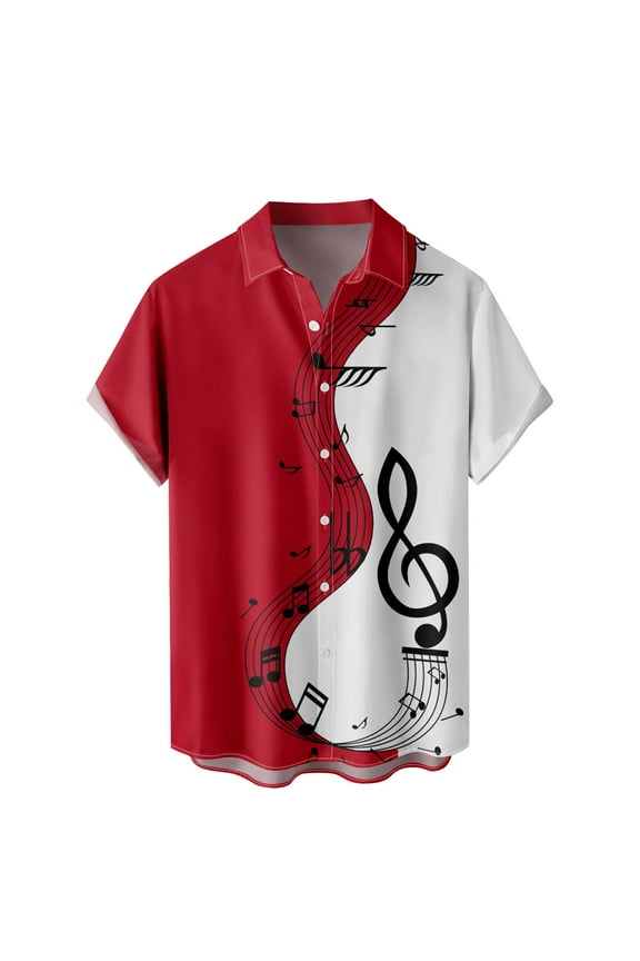 Shirts for Men Casual Music Patchwork Prin Short Sleeve Button Lapel Short Sleeve Turn Down Blouse Mens Graphic T-Shirts