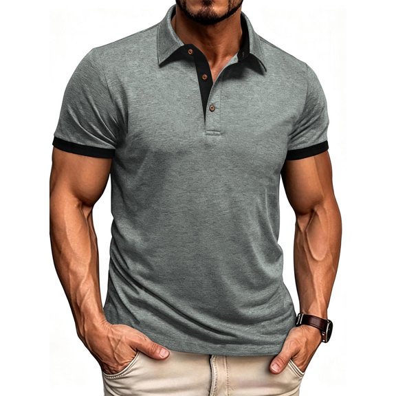 Shirts for Men Casual Solid Color Matching Buttons Short Sleeve Turtleneck Polo Top Green XL