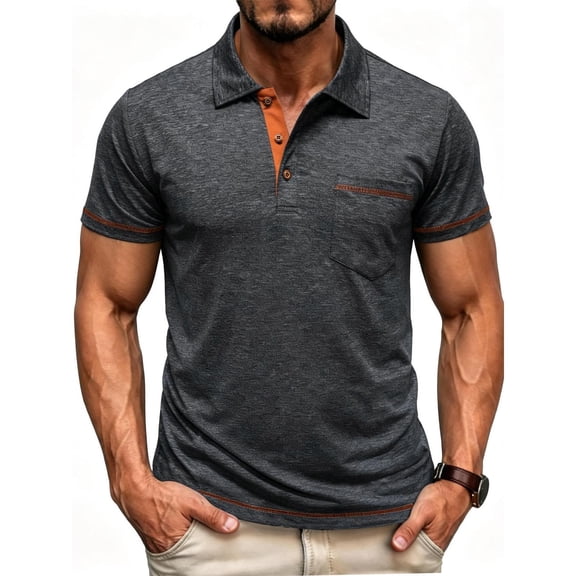 Shirts for Men Casual Solid Color Matching Jacquard Buttons Short Sleeve Turtleneck Polo Top Dark Gray XXL