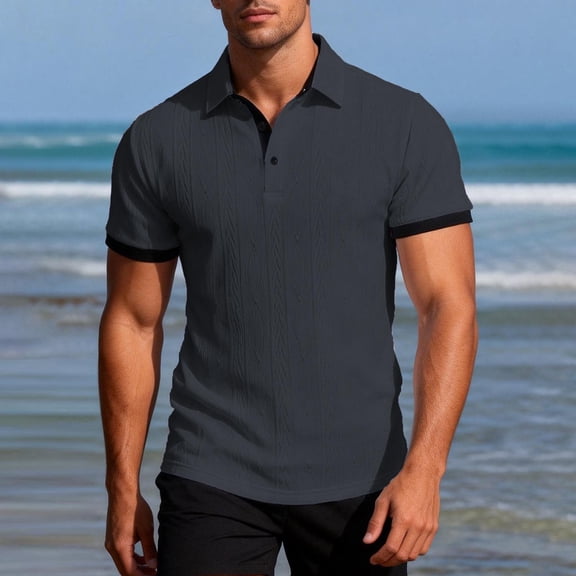 Shirts for Men Casual Solid Color Matching Jacquard Buttons Short Sleeve Turtleneck Polo Top Dark Gray XXXL