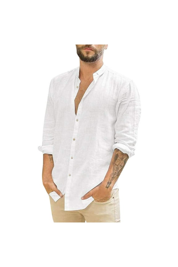 Shirts for Men Casual Solid Shirt Long Sleeve Button Turn-Down Collar Hawaiian Shirt for Men White L
