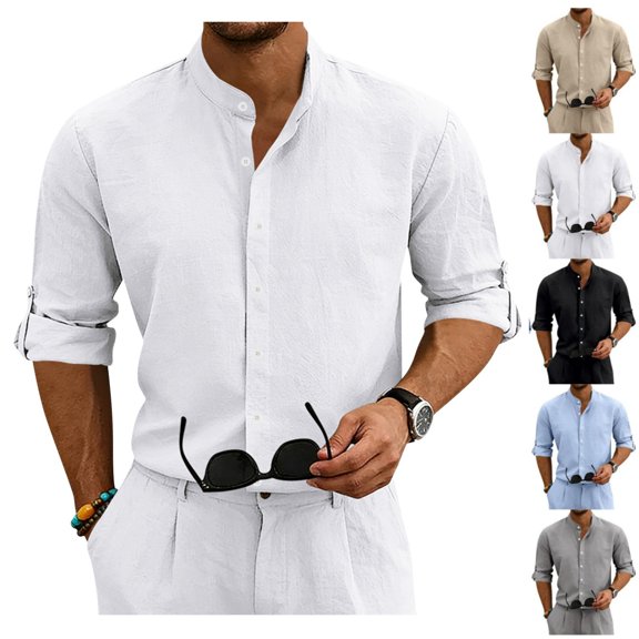 Shirts for Men Collar Button Up Roll Tab Long Sleeve Tops Plain Roll Tab Long Sleeve Tops Lightweight Daily Work Top