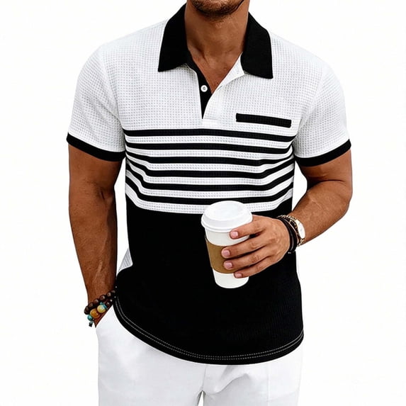 Shirts for Men Color Block Casual Waffle Knit Pocket Short Sleeved Half Button Stand Collar Top White XXL
