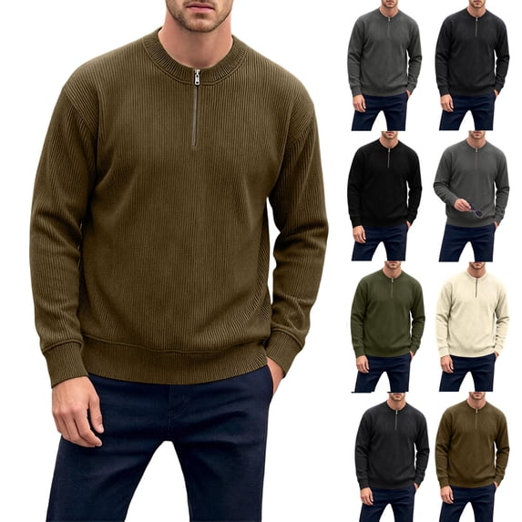 Shirts for Men Corduroy Crew Neck Half-zip Long-sleeved Top