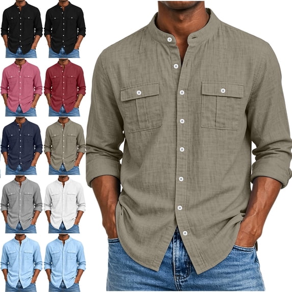 Shirts for Men Cotton Linen Long Sleeve Chest Pocket Button Down Shirt