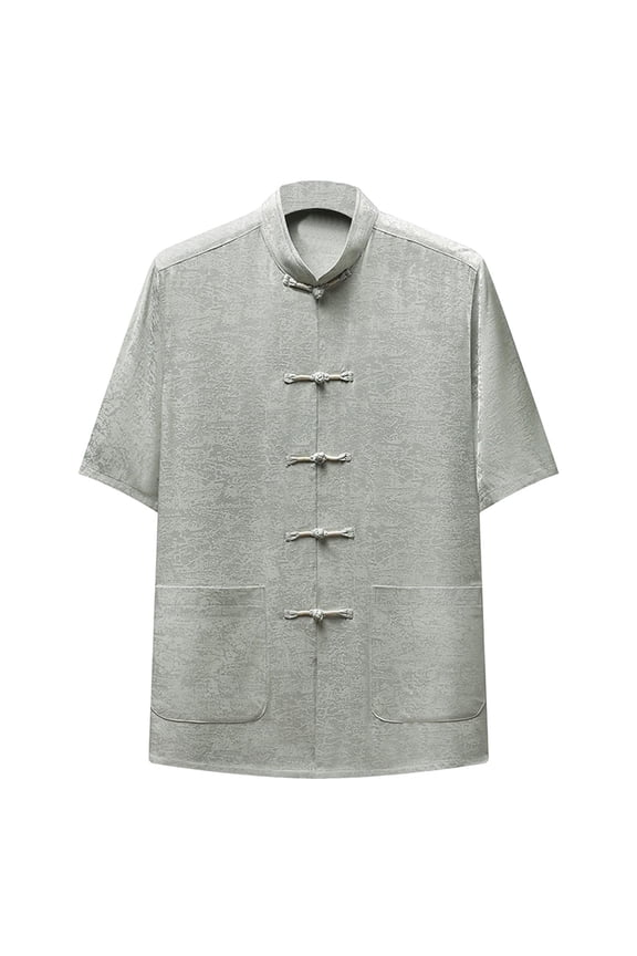 Shirts for Men Cotton,Men's Short Sleeve Mandarin Collar Kung Fu Shirts Chinese Traditional Embroidered Tai Chi Frog-Button Shirt