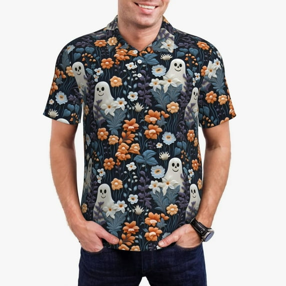 Polo Shirts for Men, Cute ghost in the flowers Breathable Casual Mens Polo Shirts Short Sleeve Button Down Classic Mens Golf Polo Shirts