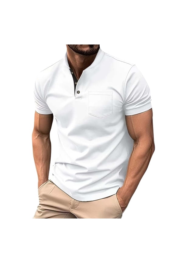 Shirts for Men DYTTDG Men's Solid Color Standing Collar Button Short Sleeve T-Shirt Golf Tee Casual Shirt White XXL
