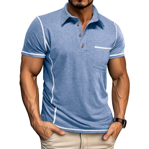 Shirts for Men DYTTDG Men's Solid Lapel Button Short Sleeve T-Shirt with Pocket Tee Casual Golf Pullover Shirt Light Blue XXL