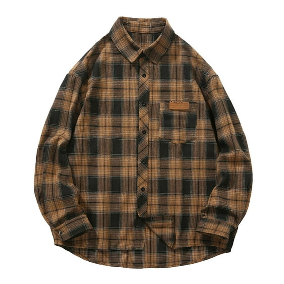 Shirts for Men Fall Business Casual Plaid Flannel Shirt Jacket with Pocket Long Sleeve Button Down Loose Cotton Men Shirts Coffee XXXL