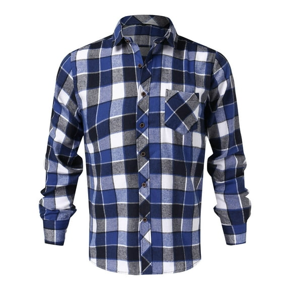 Shirts for Men Fall Leisure Business Plaid Brushed Shirt Jacket with Pocket Button Down Long Sleeve Men Shirts Blue L