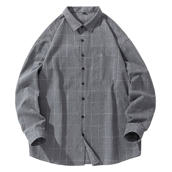 Shirts for Men Fall Long Sleeve Button Down Business Plaid Shirt Jacket with Pocket Casual Plus Size Loose Collar Men Shirts Grey XL