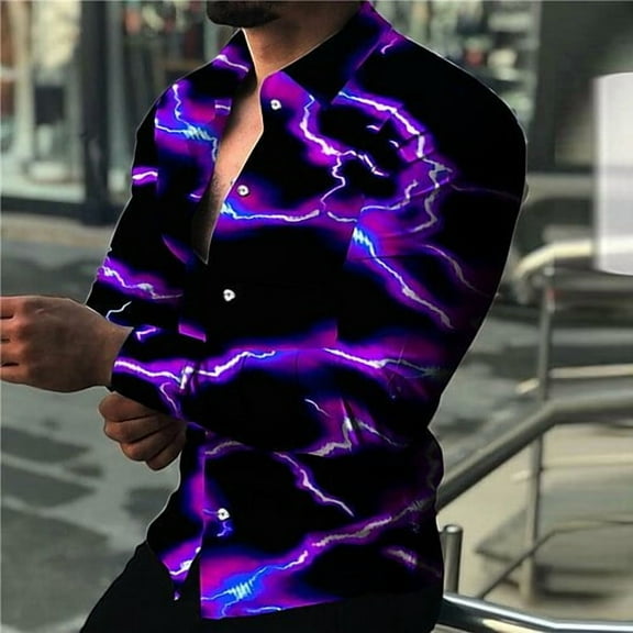 Shirts for Men Fashion Long Sleeve Marble Print Button Down Tshirt Casual Collar Tees Top Regular-Fit Work Blouse Purple 3XL