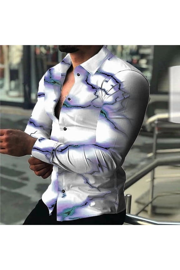 Shirts for Men Fashion Long Sleeve Marble Print Button Down Tshirt Casual Collar Tees Top Regular-Fit Work Blouse White M