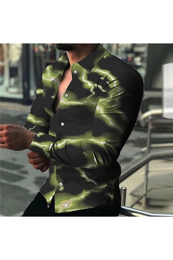 Shirts for Men Fashion Long Sleeve Marble Print Button Down Tshirt Casual Collar Tees Top Regular-Fit Work Blouse Yellow 3XL