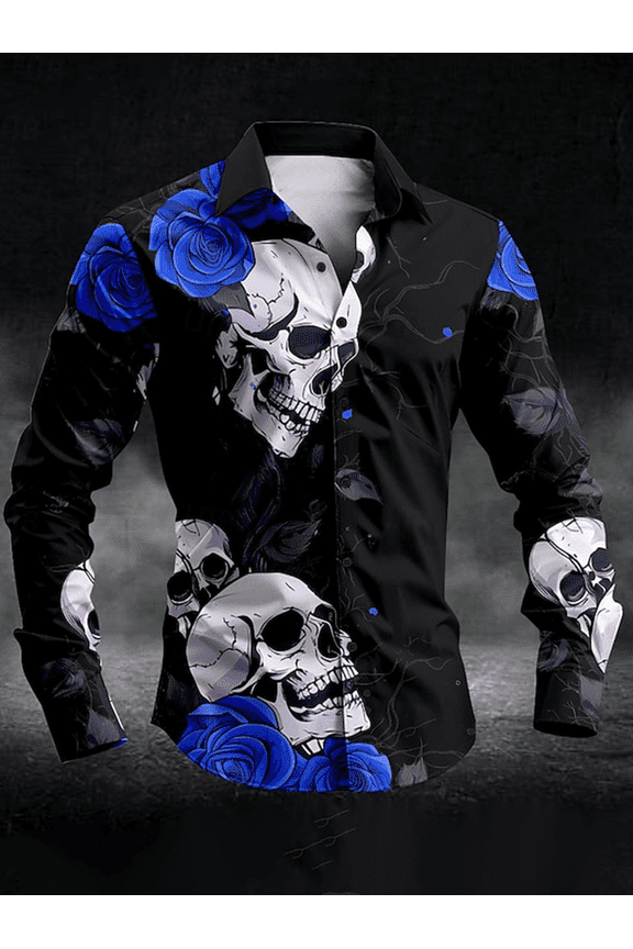 Shirts for Men Funny Skull Graphic Long Sleeve Lapel Button Down Shirt Fashion Printed Dress Tops Blue L