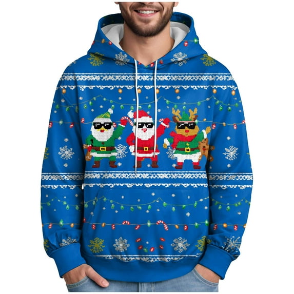 Shirts for Men Graphic Vintage Christmas Santa Claus Print Hoodie, Distressed Vintage Santa Claus Face Funny Old Xmas Pullover Long Sleeve