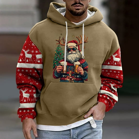 Shirts for Men Graphic Vintage Christmas Santa Claus Print Hoodie, Retro Drop-shoulder Distressed Sweatshirt, Ugly Hippie Santa Pullover