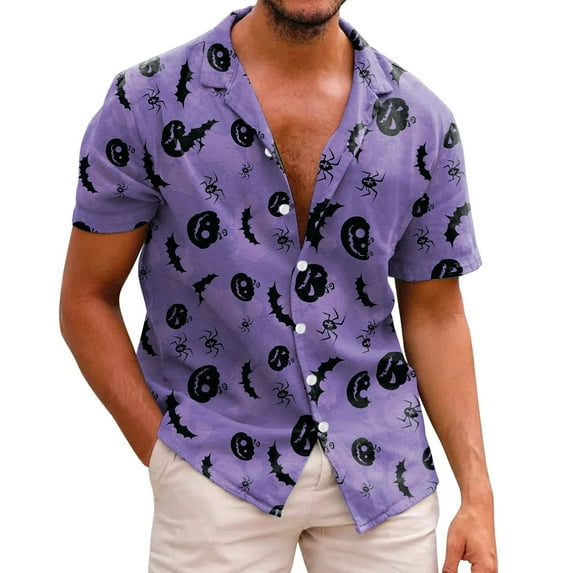 Shirts for Men Halloween 3D Digital Printing Button Down Short Sleeve Lapel Blouses Outdoor Activities Casual Summer Tops Purple L