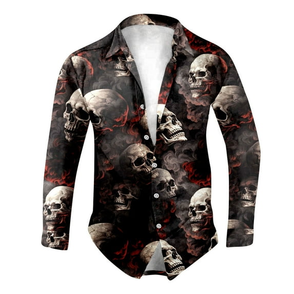 Shirts for Men Halloween Print Celebration Long Sleee Button Down Lapel Blouses Casual Loose Lightweight Mens Dress Shirts Brick Red M
