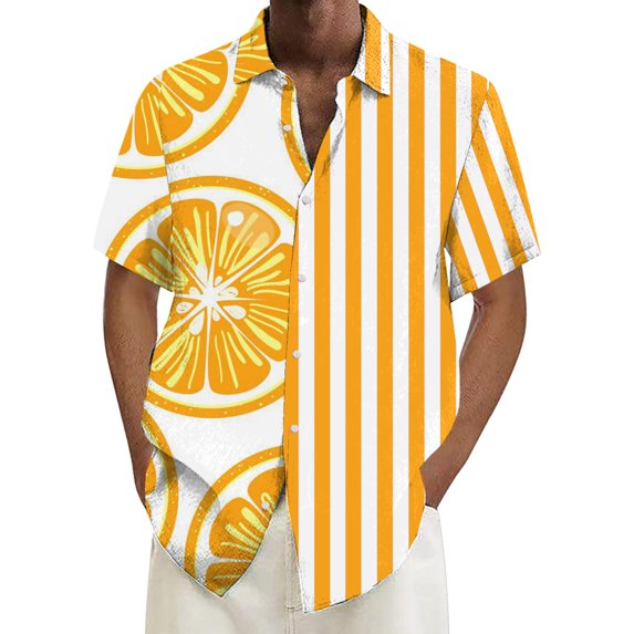 Shirts for Men Hawaii Printed Stripe Short Sleeve Button Down Lapel Blouses Beach Casual Loose Summer Tops Orange L