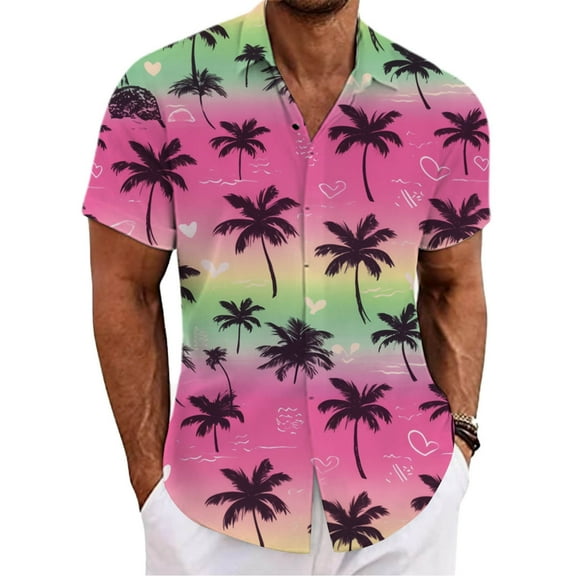 Shirts for Men Lapel Short Sleeve Coconut Printed Casual Fashion Summer Beach Shirt Top L
