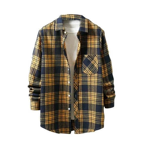 Shirts for Men Long Sleeve Men's Casual Personality Checkered Printing Button Lapel Fashion Long Sleeve Cardigan Shirt