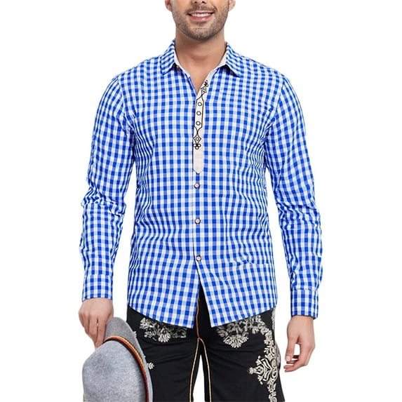 Shirts for Men Long Sleeve Plaid Embroidery Oktoberfest Tops Comfortable Loose Fit Button Down Collared Mens Dress Shirt