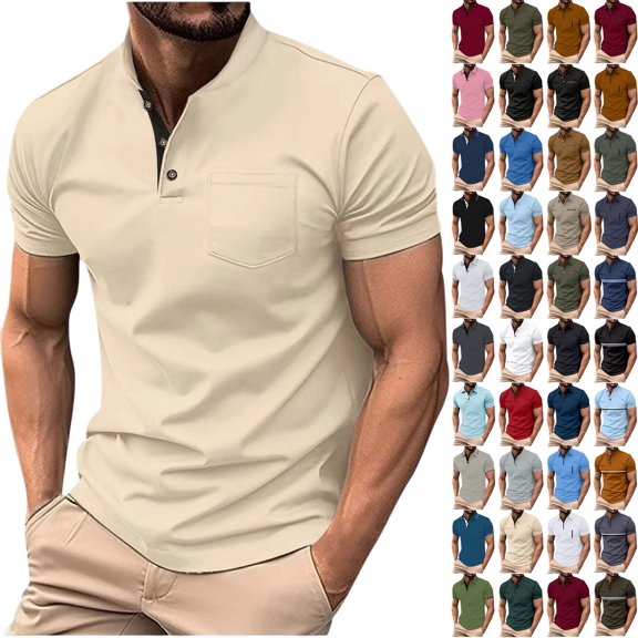 Shirts for Men, Men Solid Color Casual Fashion Button Round Neck Short Sleeve T-shirt Top