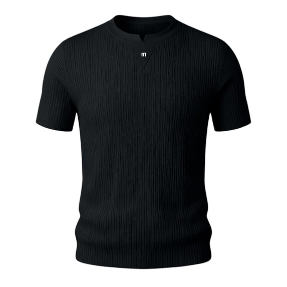 Shirts for Men, Men's Ribbed Knit T-Shirts Short Sleeve Plus Size Casual Notch V Neck Muscle Slim Fit Basic Tee Top Summer Everyday Wear Black XXL