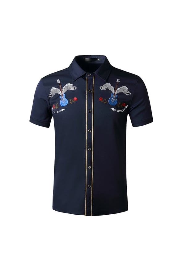 Shirts for Men Men's Short Sleeve Embroidered Western Cowboy Leisure Snap Button Shirt Mens Shirt Navy M