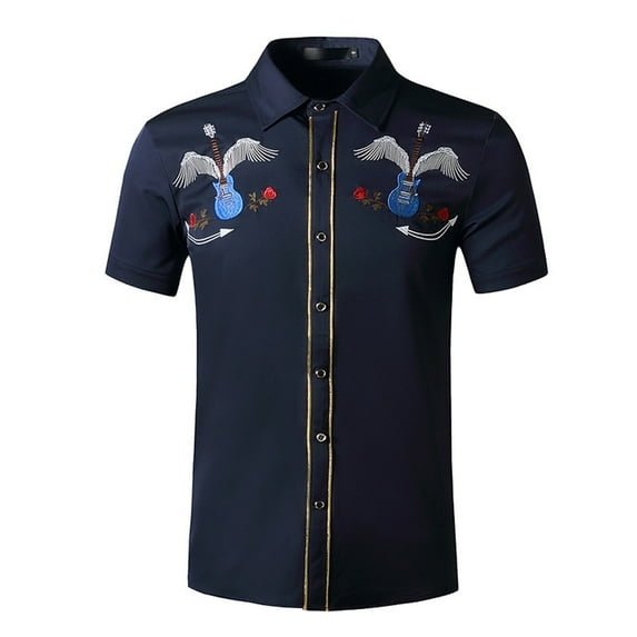 Shirts for Men Men's Short Sleeve Embroidered Western Cowboy Leisure Snap Button Shirt Mens Shirt Navy M