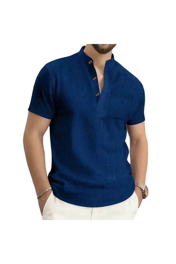 Shirts for Men, Men's T Shirts Waffle Knit Banded Collar Short Sleeve Button Down Shirts with Pocket Summer Basic Beach Travel Vacation Tops Navy M
