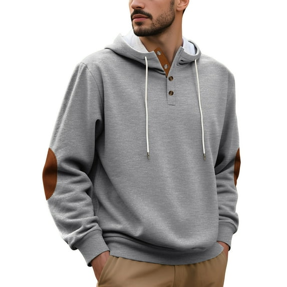 Shirts for Men, Mens Elbow Patches Fleece Hoodies Autumn Winter Outdoor Sport Workout Sweatshirt Drawstring Casual Coats with Pocket