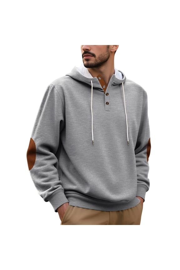 Shirts for Men, Mens Elbow Patches Fleece Hoodies Autumn Winter Outdoor Sport Workout Sweatshirt Drawstring Casual Coats with Pocket