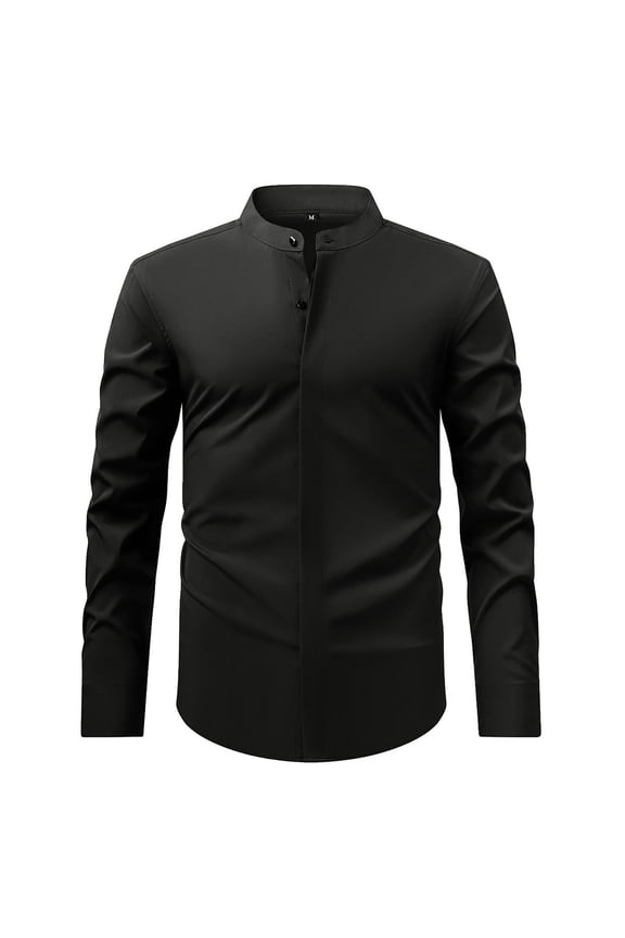 Shirts for Men Retro Stand Collar Long Sleeve Stretchy Business Tops Formal Solid Color Comfortable Men Dress Shirt