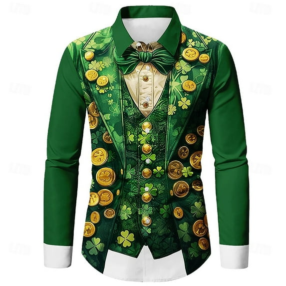 Shirts for Men Saint Patrick's Day Digital Print Long Sleeve Button Lapel Mens Casual Top