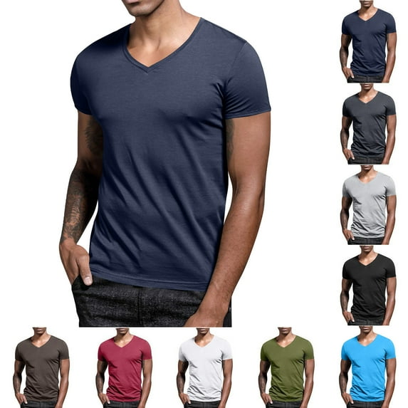Shirts for Men Shirts Men Sport Tops Summer Men's Casual Fashion Solid Color Short Sleeved V-neck Top/Shirt Dark Blue XL