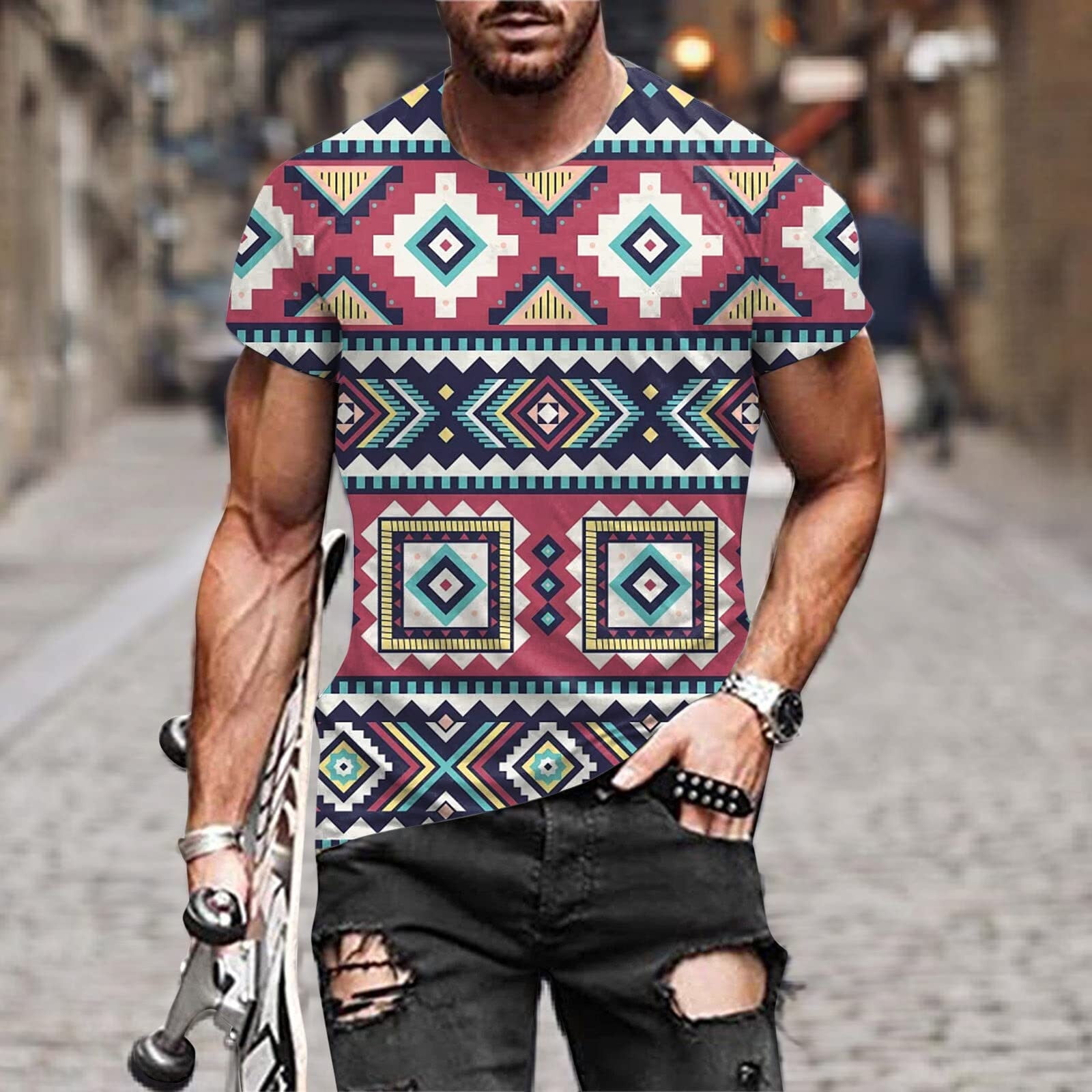 Shirts for Men Short Sleeve,Mens Casual Short Sleeve Shirts Ethnic Style  Graphic Tee Shirts Retro Tops Polyester T Shirts