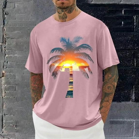 Shirts for Men Short Sleeve Round-Neck Printing Casual Shirts Pink XXL