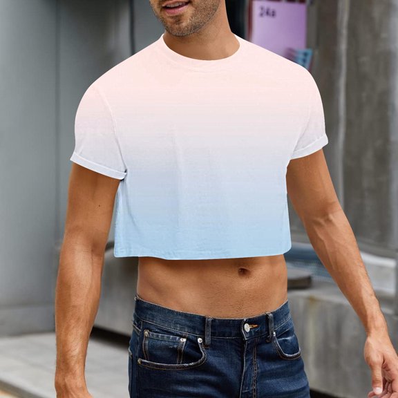 Shirts for Men Short Sleeve Round Neck Summer Leisure Print Crop Top Light Blue XL